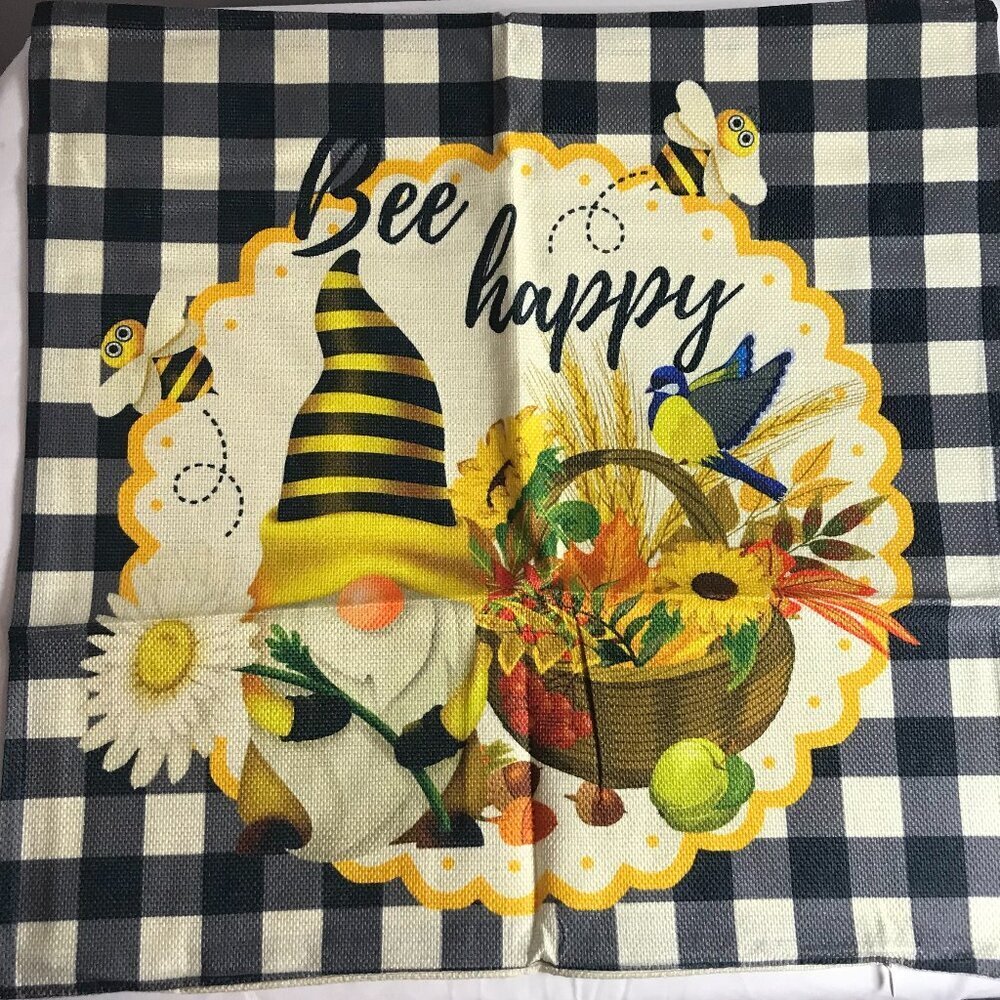 NWOT Gnome Sunflower Bee Daisy "Bee Happy" pillow cover fits 16"x16" pillow